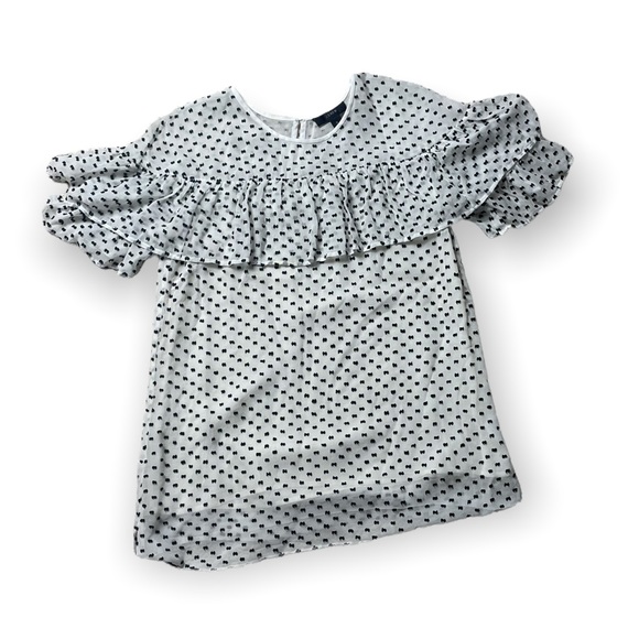 J. Crew Tops - Women's J. Crew Silk Cream and Black Sheer Ruffle Short Sleeve Blouse Size 0